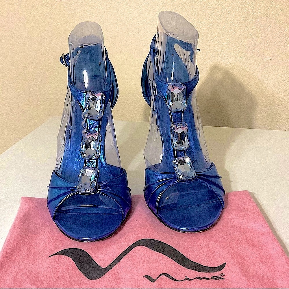 Nina Metallic Embellished Peep Toe Leather Heels Blue 8 1/2